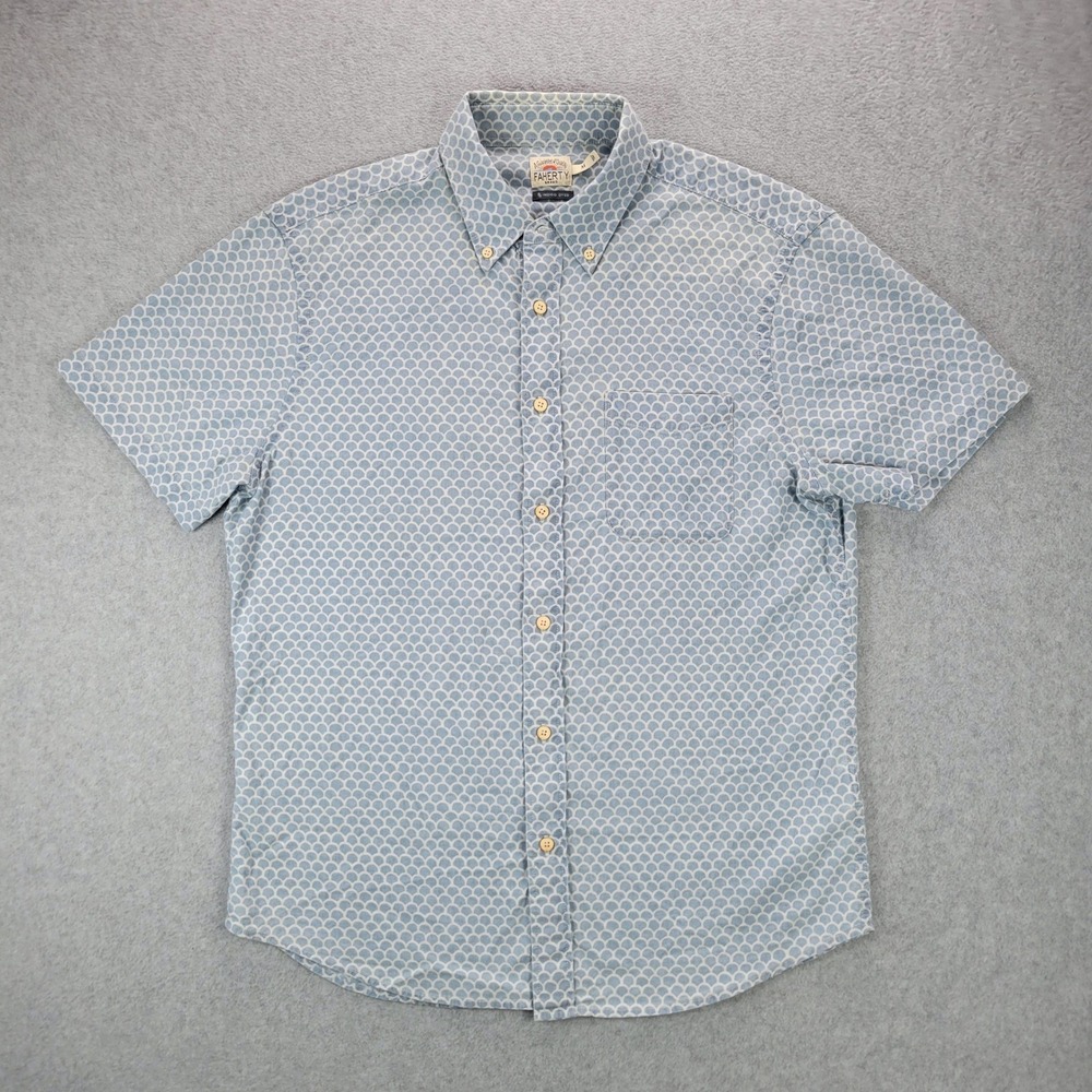 Faherty Playa Button Down Shirt Mens M Blue Scallop Indigo Dyed Short Sleeve - Picture 2 of 11